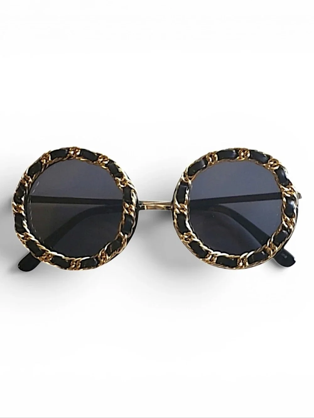 Round Chain Framed Sunglasses Black & Gold Boho Vintage Retro